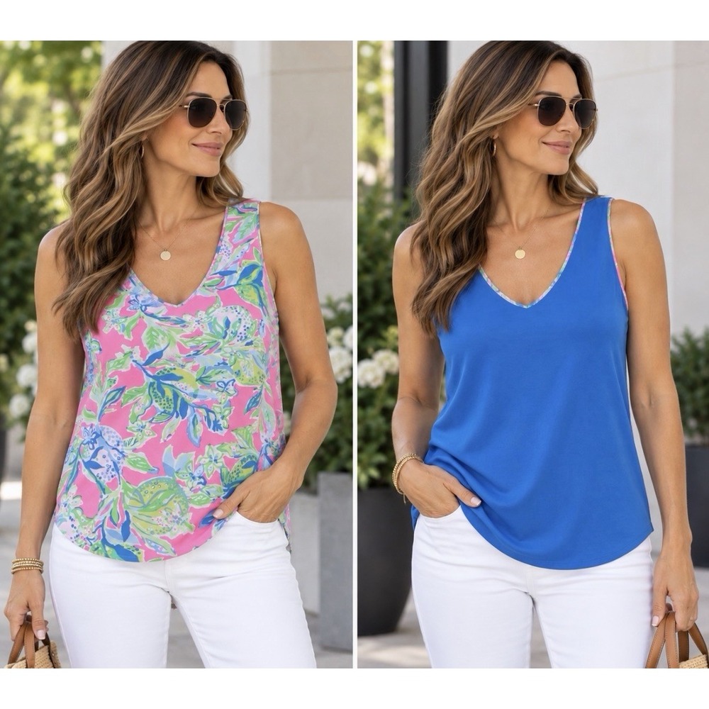 NWT LILLY PULITZER FLORIN SLEEVELESS V-NECK TANK TOP REVERSIBLE BLUE PINK SIZE S